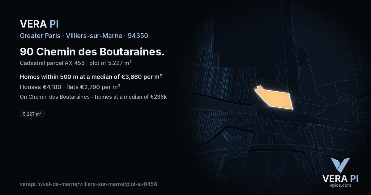 90 Chemin des Boutaraines, Villiers-sur-Marne at night – the plot lit, the parcels around coloured by the prices near them