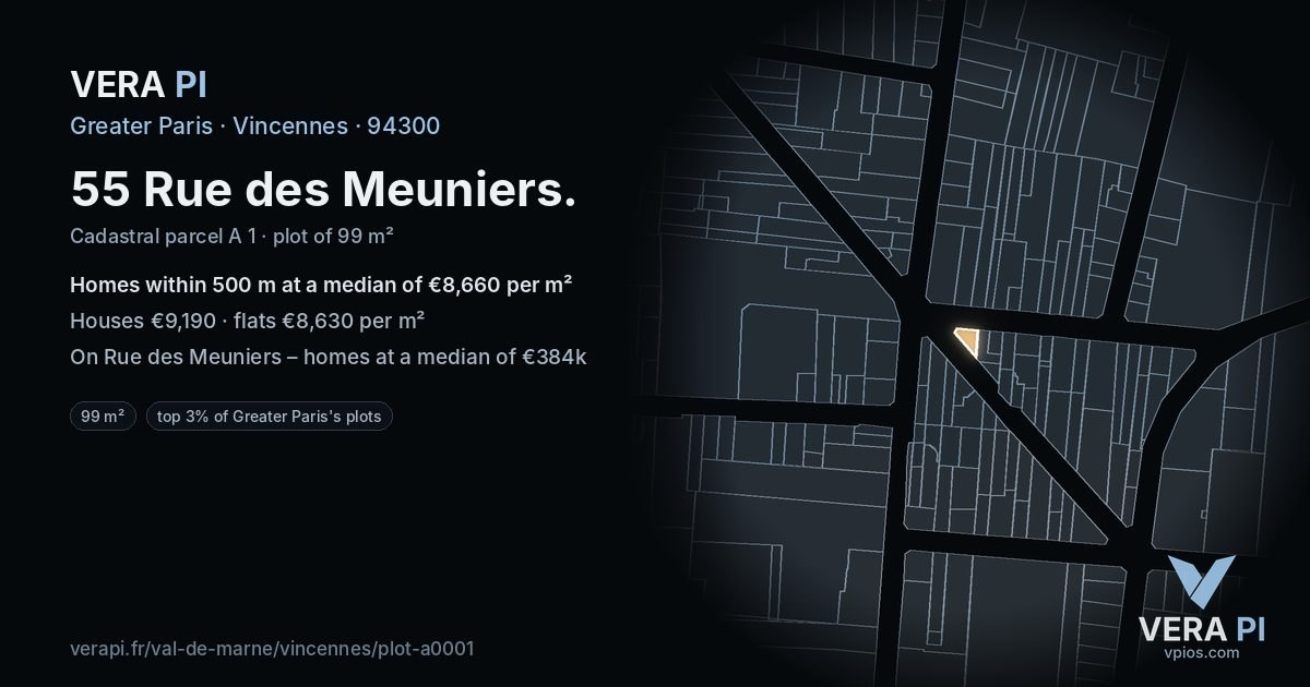 55 Rue des Meuniers, Vincennes at night – the plot lit, the parcels around coloured by the prices near them