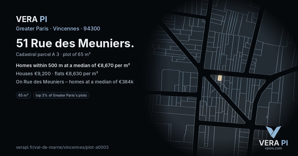 51 Rue des Meuniers, Vincennes at night – the plot lit, the parcels around coloured by the prices near them