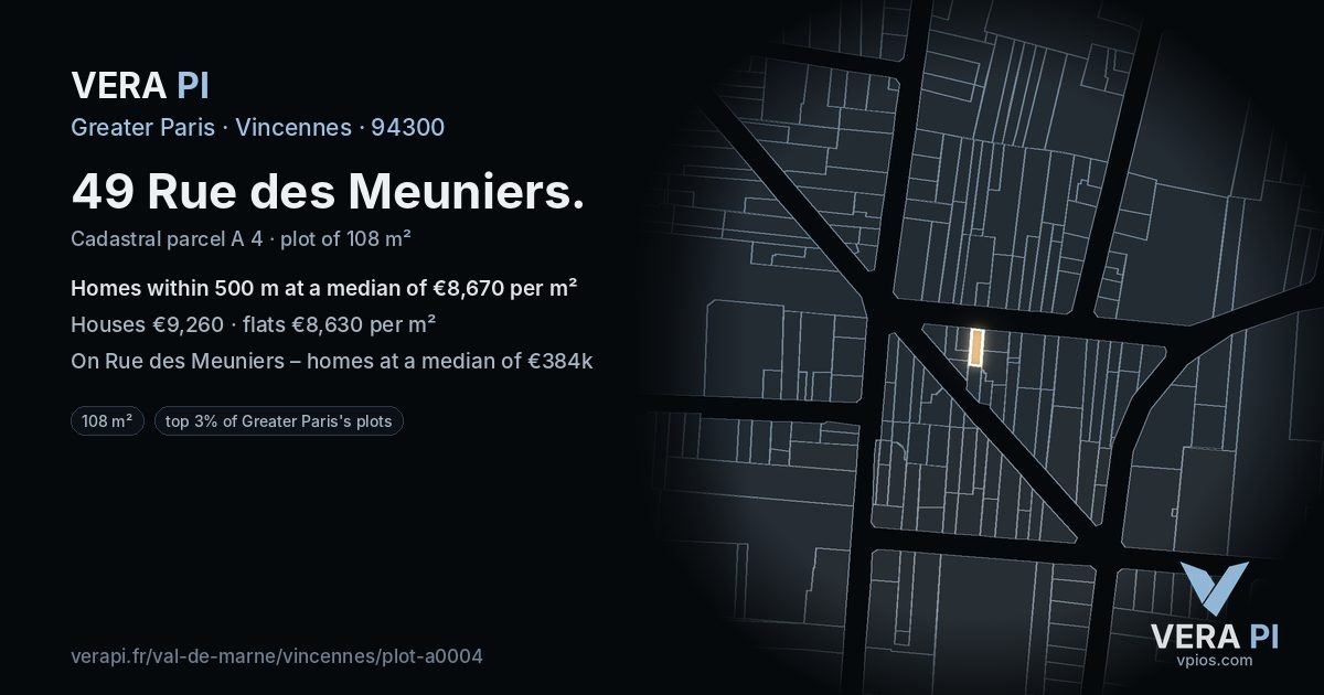 49 Rue des Meuniers, Vincennes at night – the plot lit, the parcels around coloured by the prices near them