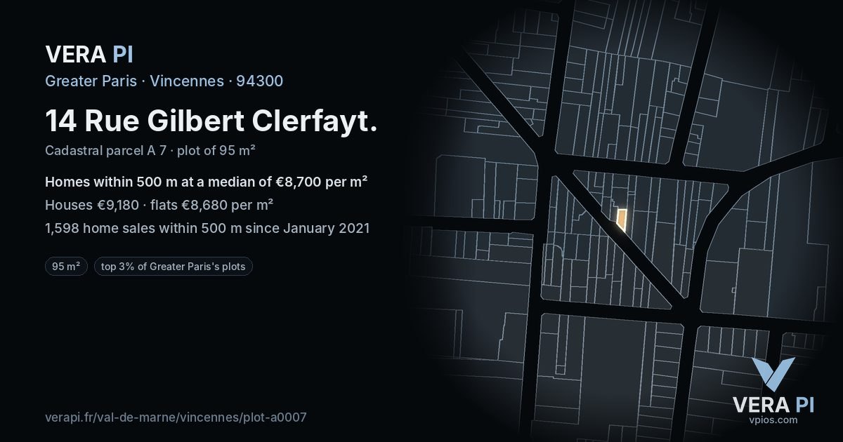14 Rue Gilbert Clerfayt, Vincennes at night – the plot lit, the parcels around coloured by the prices near them