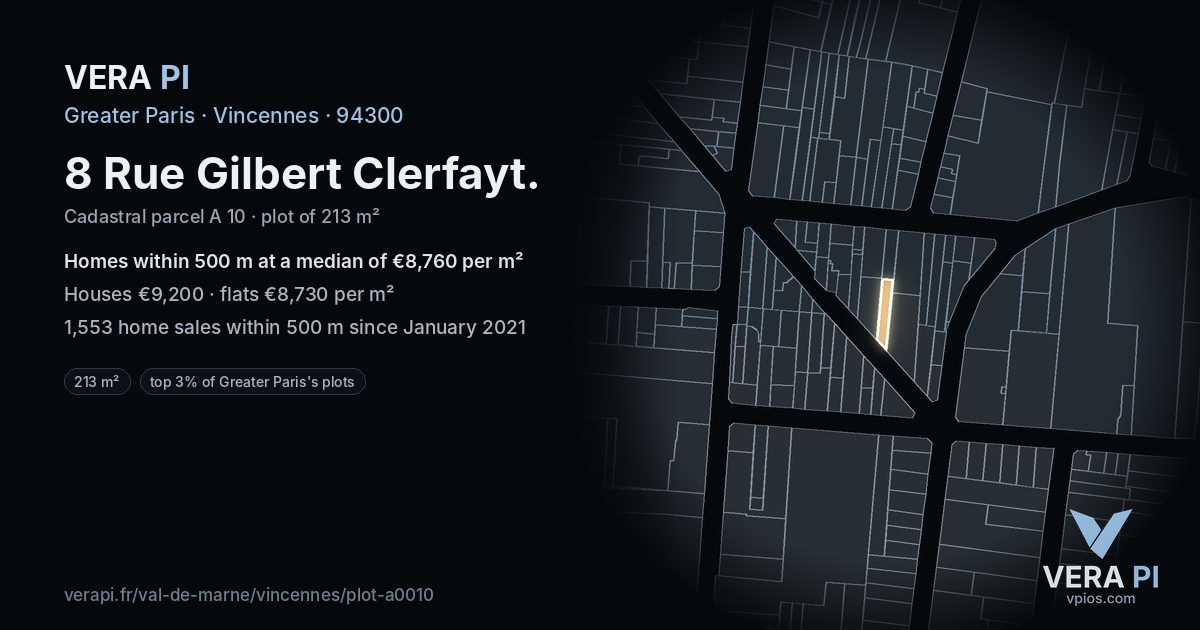 8 Rue Gilbert Clerfayt, Vincennes at night – the plot lit, the parcels around coloured by the prices near them