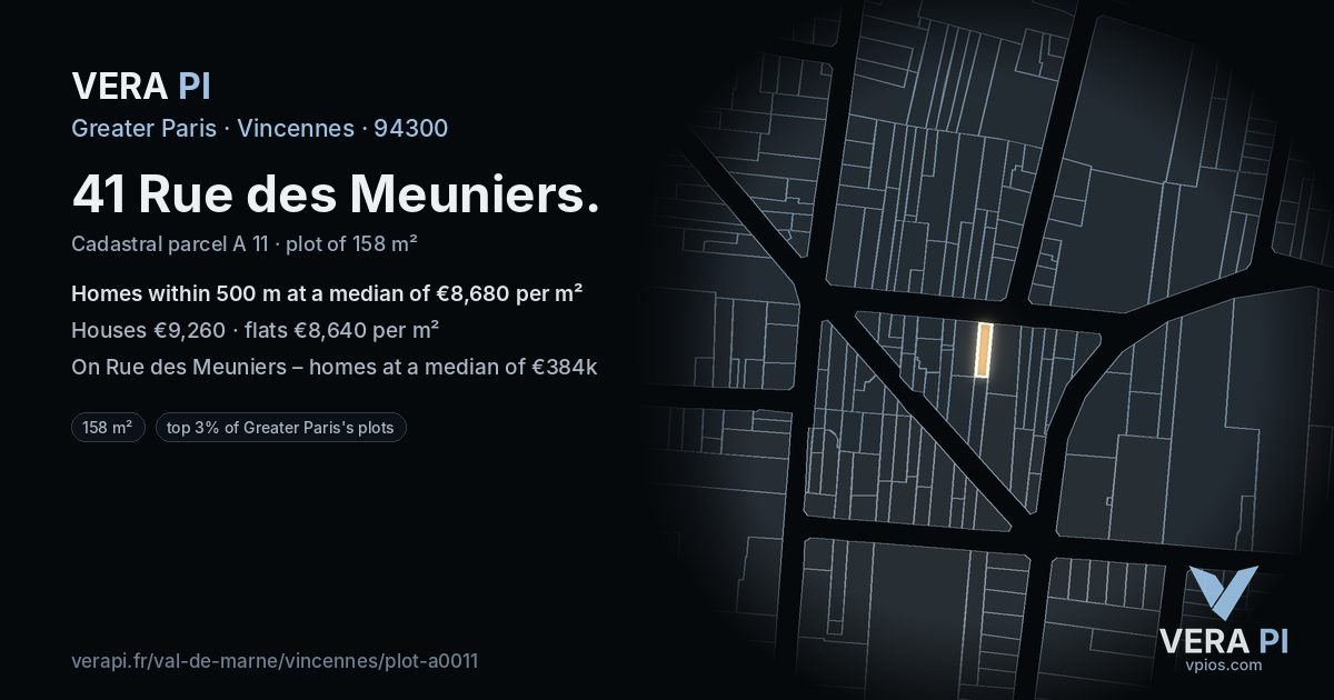 41 Rue des Meuniers, Vincennes at night – the plot lit, the parcels around coloured by the prices near them