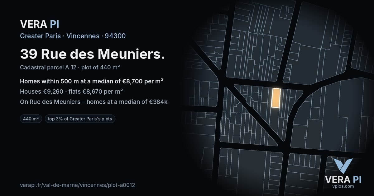 39 Rue des Meuniers, Vincennes at night – the plot lit, the parcels around coloured by the prices near them
