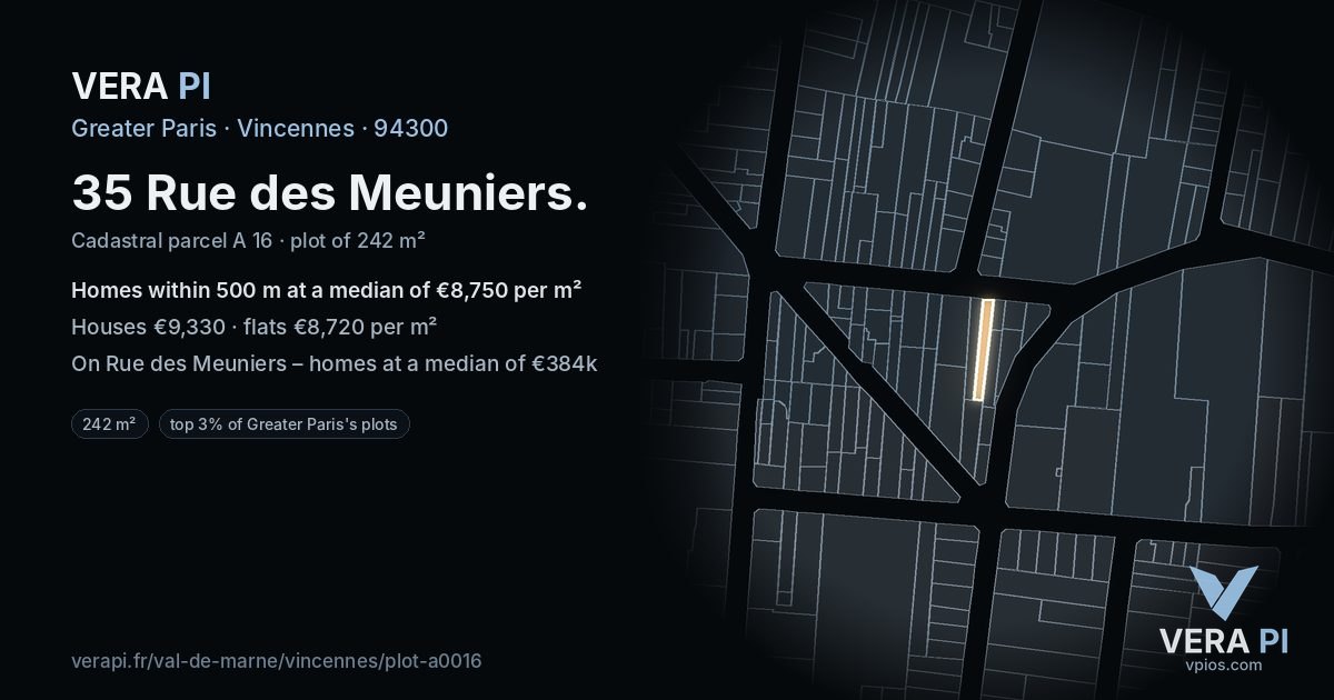 35 Rue des Meuniers, Vincennes at night – the plot lit, the parcels around coloured by the prices near them