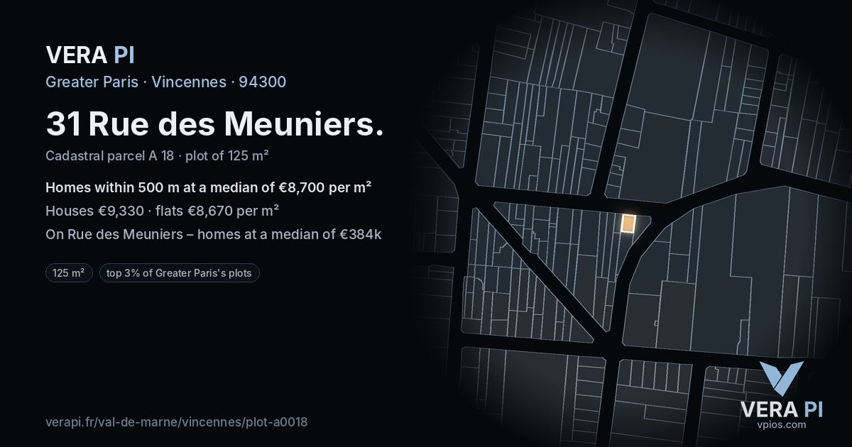 31 Rue des Meuniers, Vincennes at night – the plot lit, the parcels around coloured by the prices near them