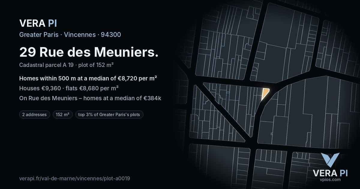 29 Rue des Meuniers, Vincennes at night – the plot lit, the parcels around coloured by the prices near them