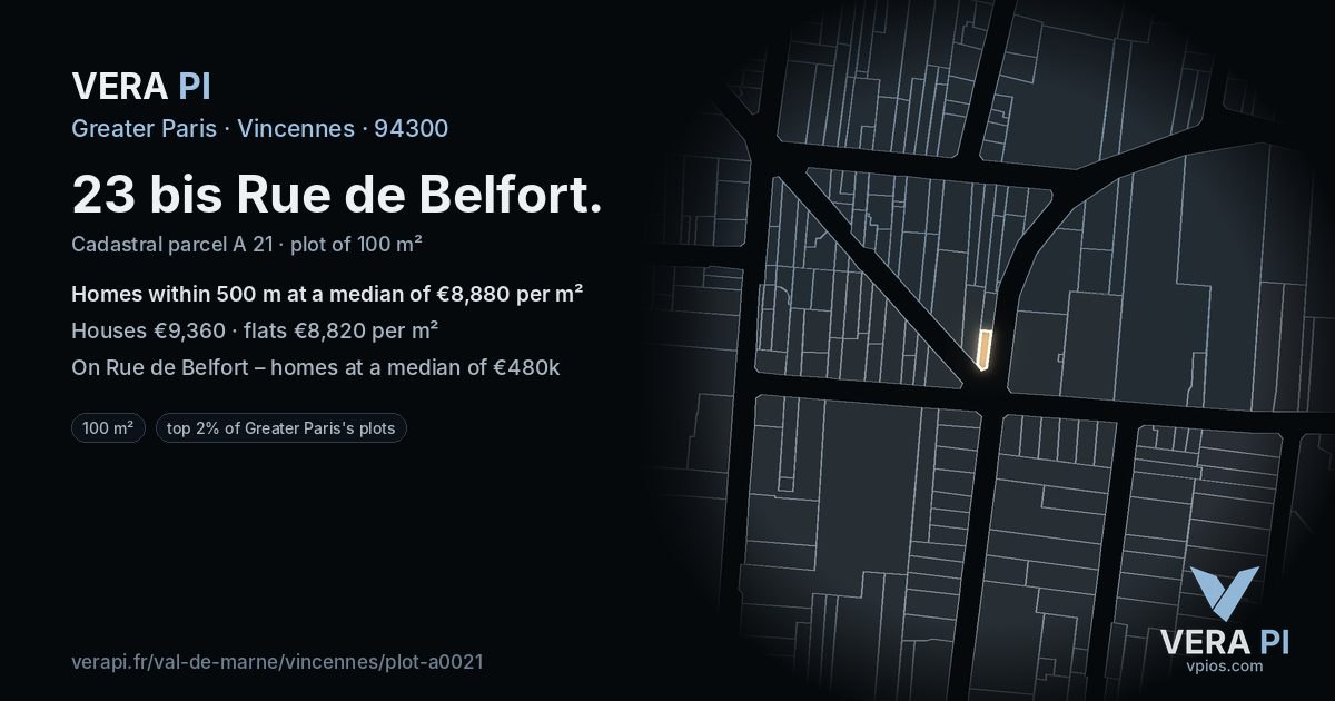 23 bis Rue de Belfort, Vincennes at night – the plot lit, the parcels around coloured by the prices near them