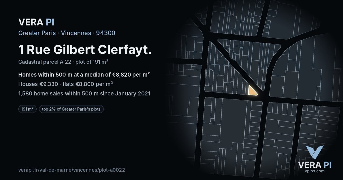1 Rue Gilbert Clerfayt, Vincennes at night – the plot lit, the parcels around coloured by the prices near them