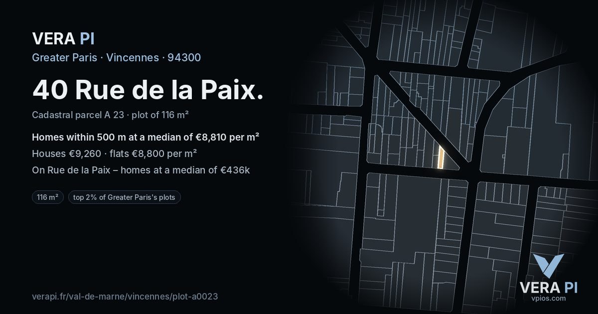 40 Rue de la Paix, Vincennes at night – the plot lit, the parcels around coloured by the prices near them