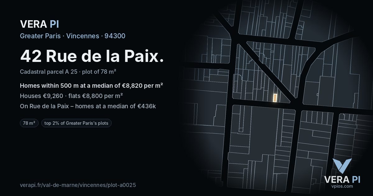 42 Rue de la Paix, Vincennes at night – the plot lit, the parcels around coloured by the prices near them