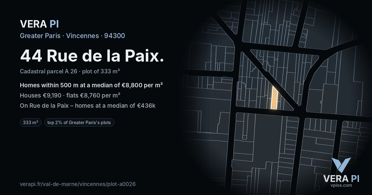 44 Rue de la Paix, Vincennes at night – the plot lit, the parcels around coloured by the prices near them