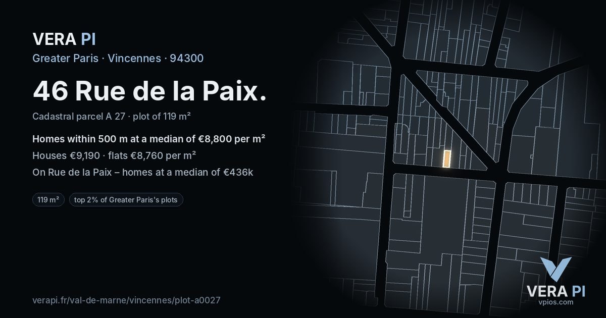 46 Rue de la Paix, Vincennes at night – the plot lit, the parcels around coloured by the prices near them