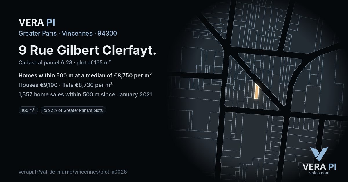 9 Rue Gilbert Clerfayt, Vincennes at night – the plot lit, the parcels around coloured by the prices near them