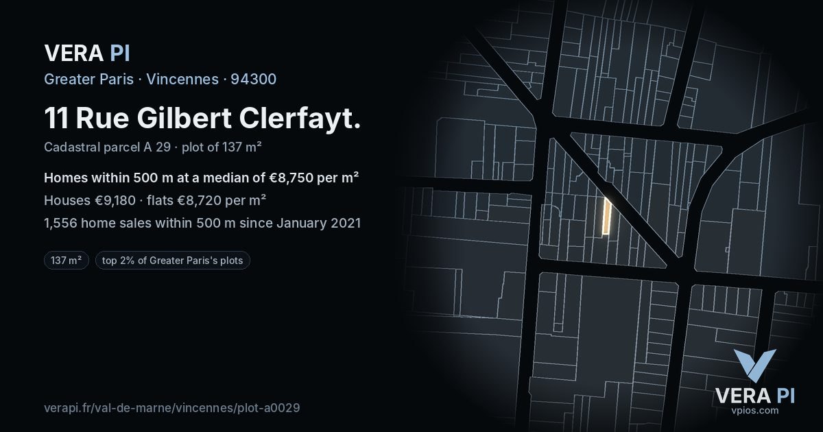 11 Rue Gilbert Clerfayt, Vincennes at night – the plot lit, the parcels around coloured by the prices near them