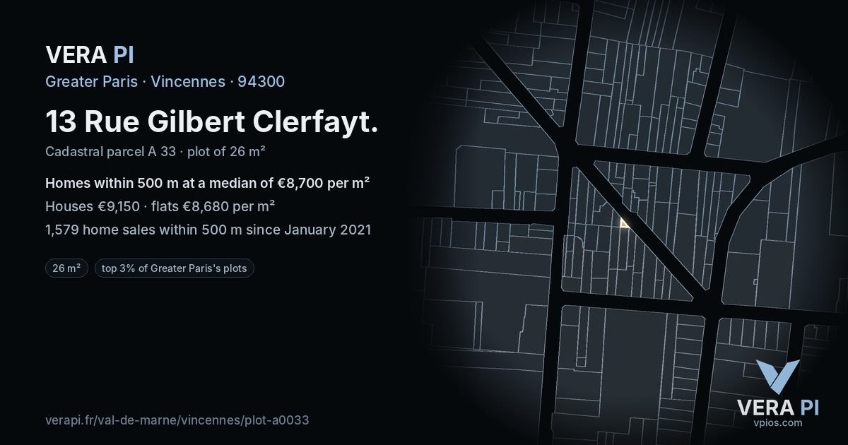 13 Rue Gilbert Clerfayt, Vincennes at night – the plot lit, the parcels around coloured by the prices near them