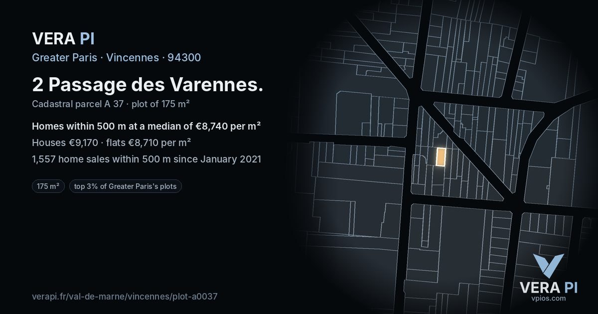 2 Passage des Varennes, Vincennes at night – the plot lit, the parcels around coloured by the prices near them