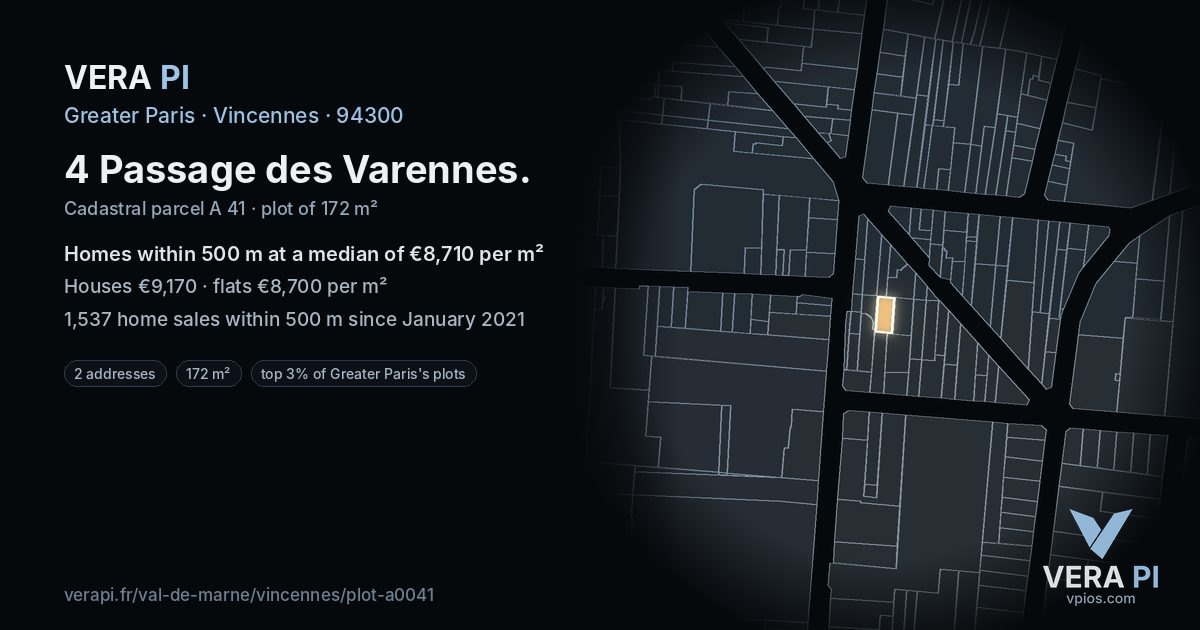 4 Passage des Varennes, Vincennes at night – the plot lit, the parcels around coloured by the prices near them