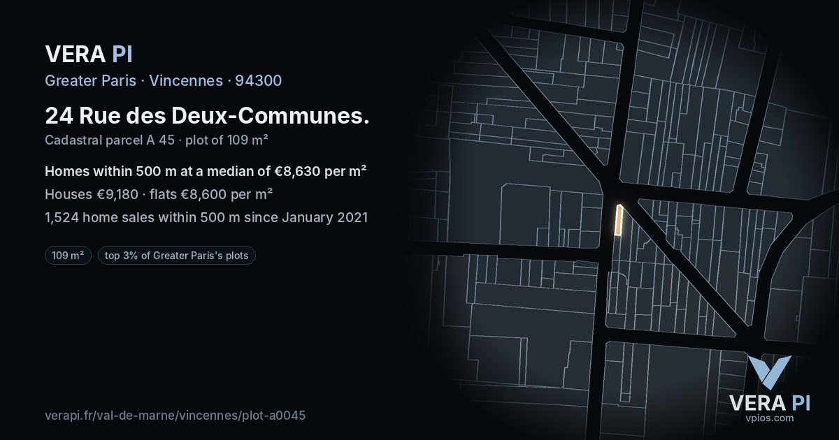 24 Rue des Deux-Communes, Vincennes at night – the plot lit, the parcels around coloured by the prices near them