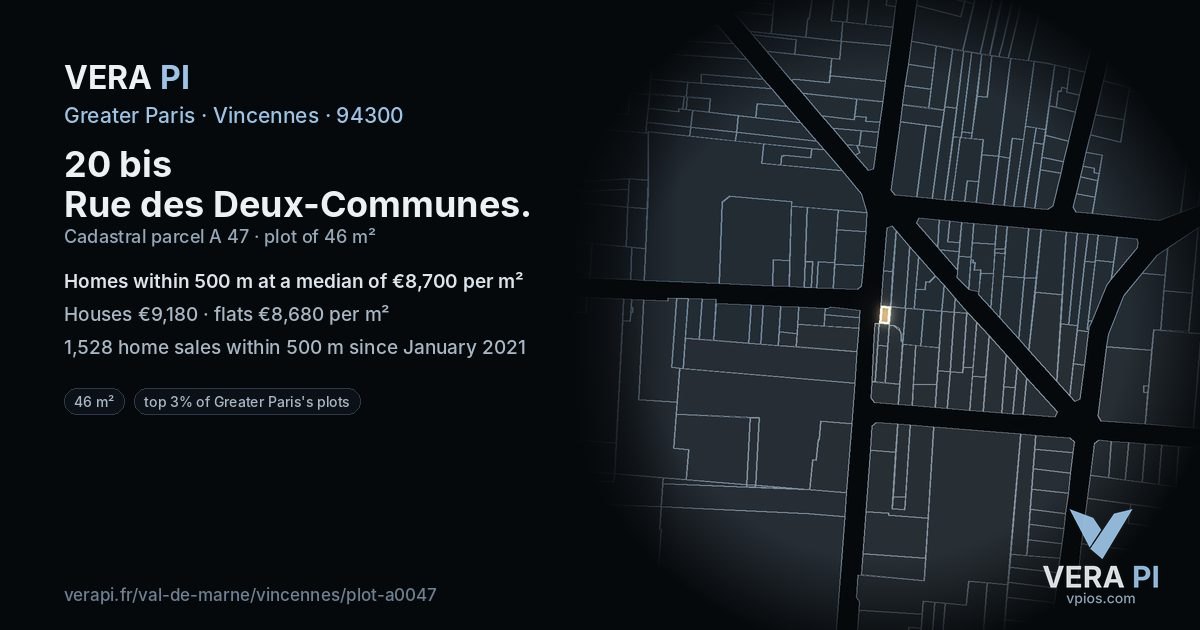 20 bis Rue des Deux-Communes, Vincennes at night – the plot lit, the parcels around coloured by the prices near them