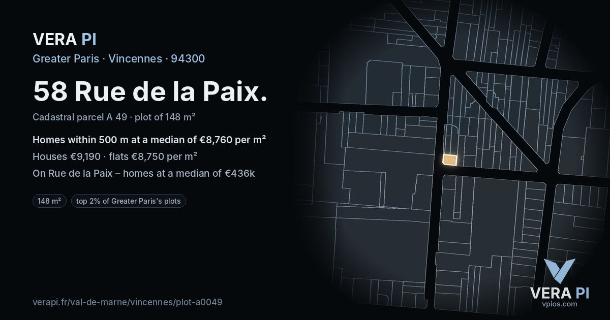 58 Rue de la Paix, Vincennes at night – the plot lit, the parcels around coloured by the prices near them