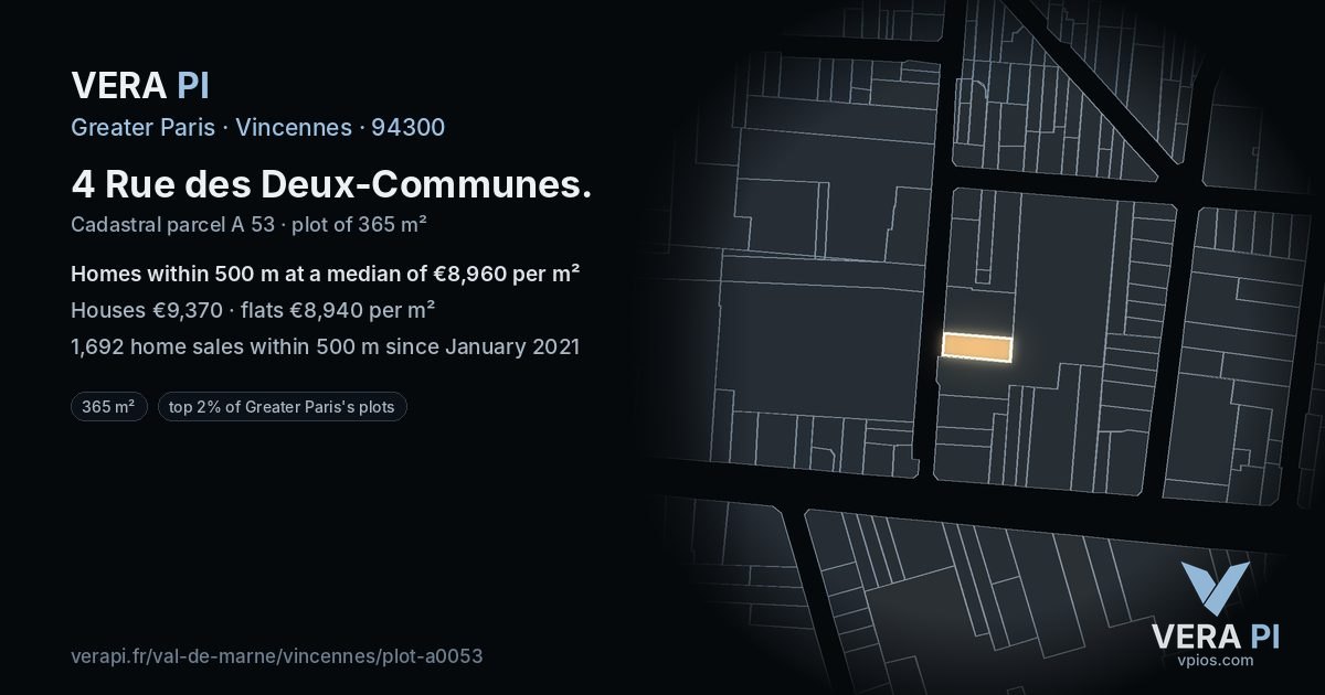 4 Rue des Deux-Communes, Vincennes at night – the plot lit, the parcels around coloured by the prices near them
