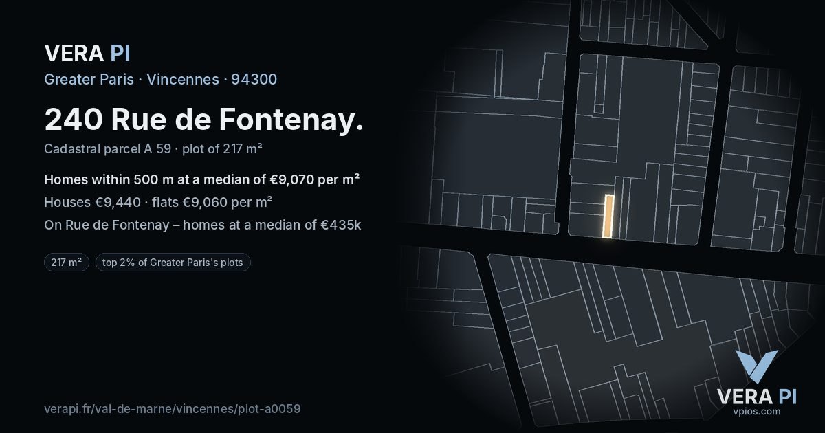 240 Rue de Fontenay, Vincennes at night – the plot lit, the parcels around coloured by the prices near them
