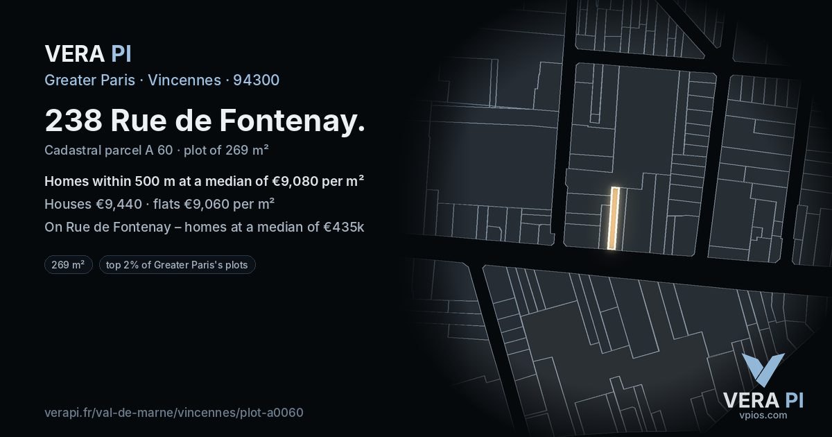 238 Rue de Fontenay, Vincennes at night – the plot lit, the parcels around coloured by the prices near them