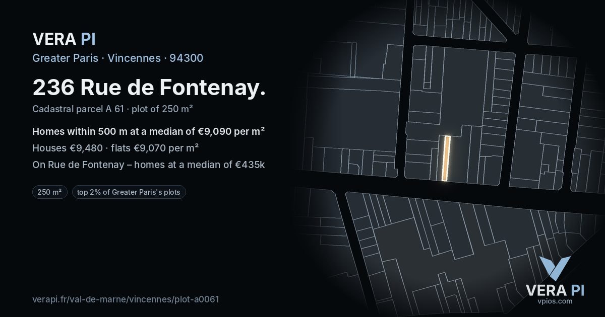 236 Rue de Fontenay, Vincennes at night – the plot lit, the parcels around coloured by the prices near them