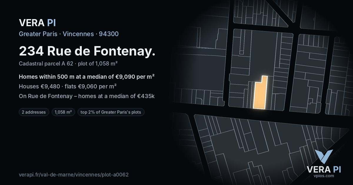 234 Rue de Fontenay, Vincennes at night – the plot lit, the parcels around coloured by the prices near them