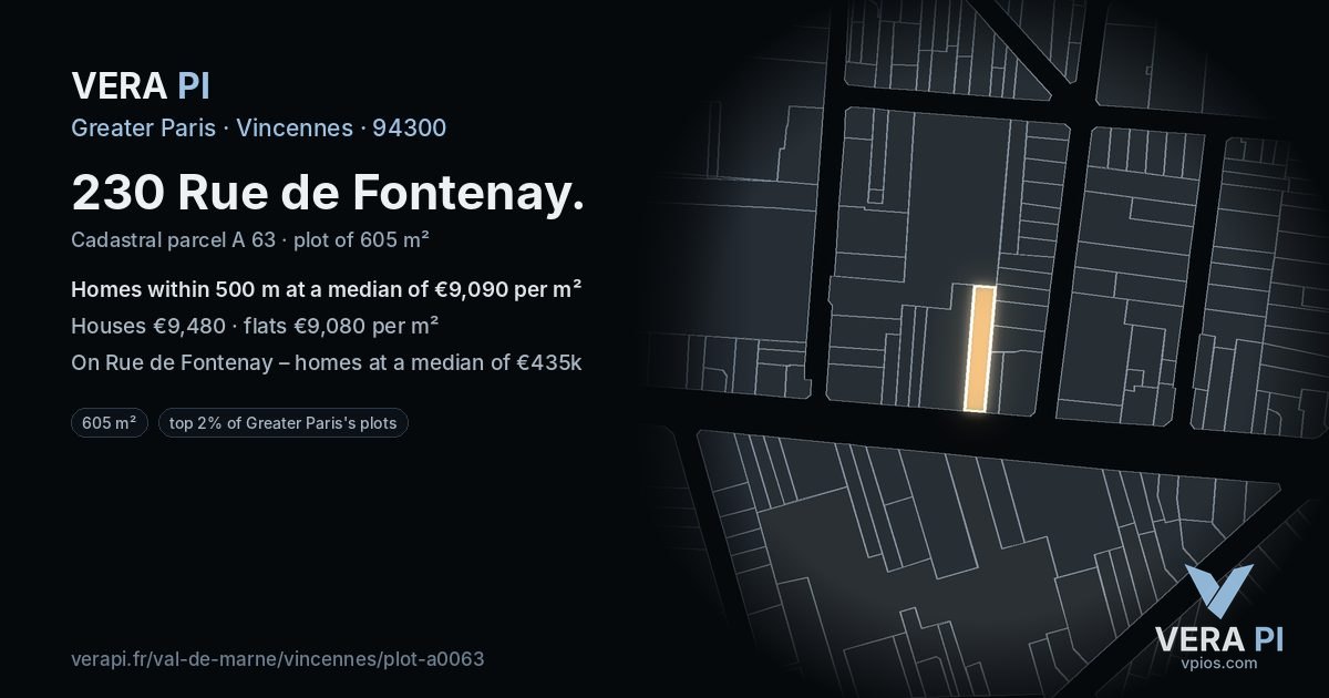 230 Rue de Fontenay, Vincennes at night – the plot lit, the parcels around coloured by the prices near them