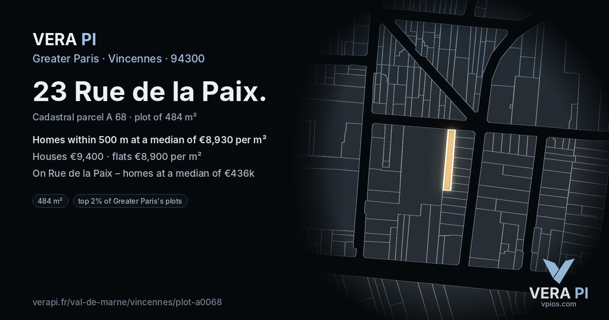 23 Rue de la Paix, Vincennes at night – the plot lit, the parcels around coloured by the prices near them