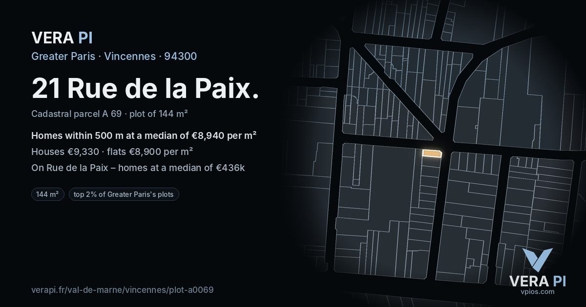 21 Rue de la Paix, Vincennes at night – the plot lit, the parcels around coloured by the prices near them