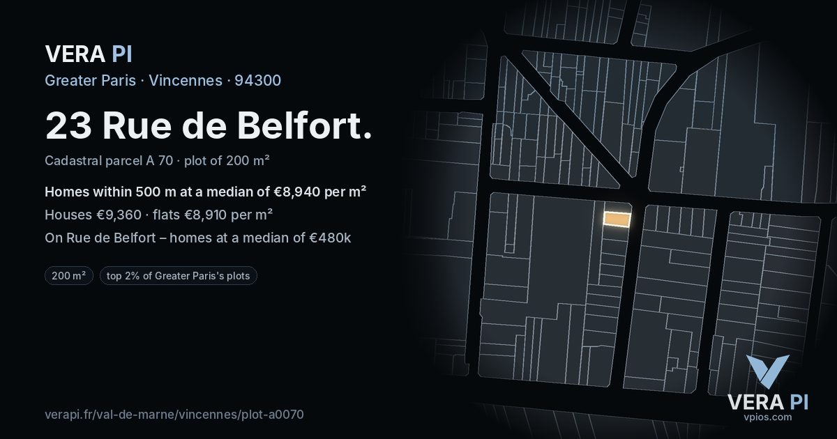 23 Rue de Belfort, Vincennes at night – the plot lit, the parcels around coloured by the prices near them