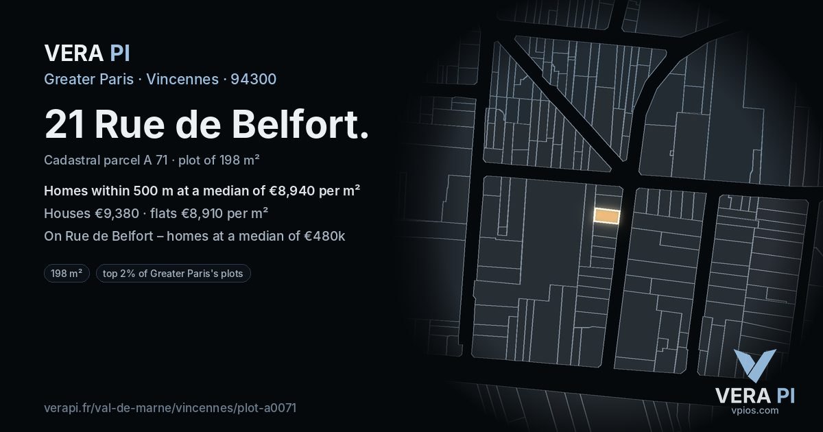 21 Rue de Belfort, Vincennes at night – the plot lit, the parcels around coloured by the prices near them