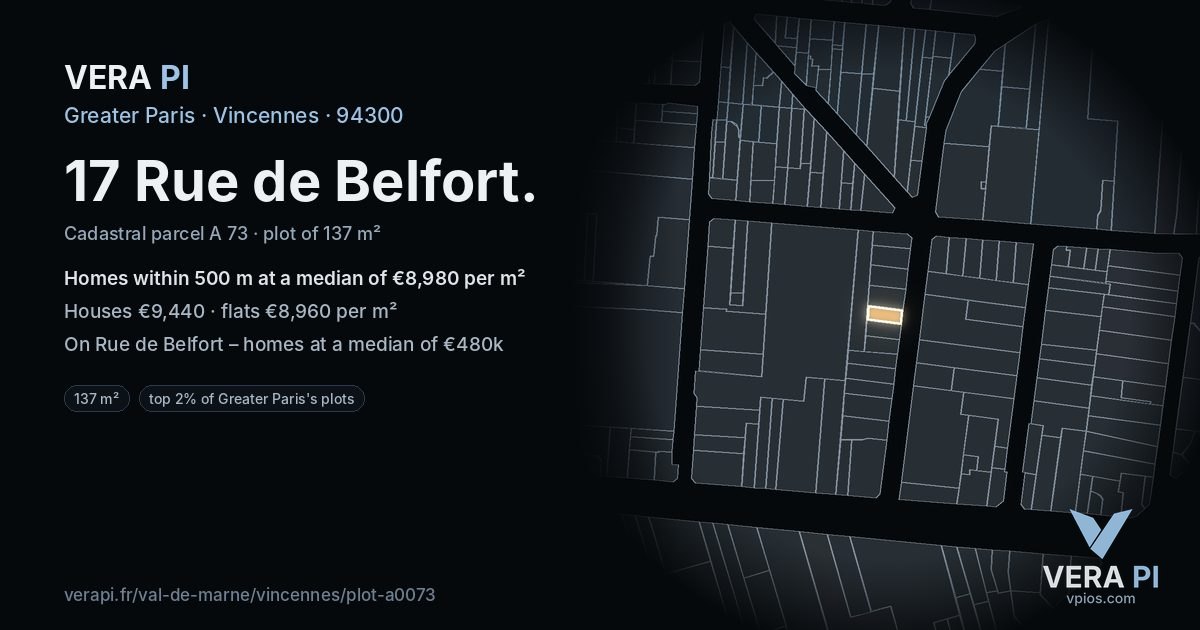 17 Rue de Belfort, Vincennes at night – the plot lit, the parcels around coloured by the prices near them