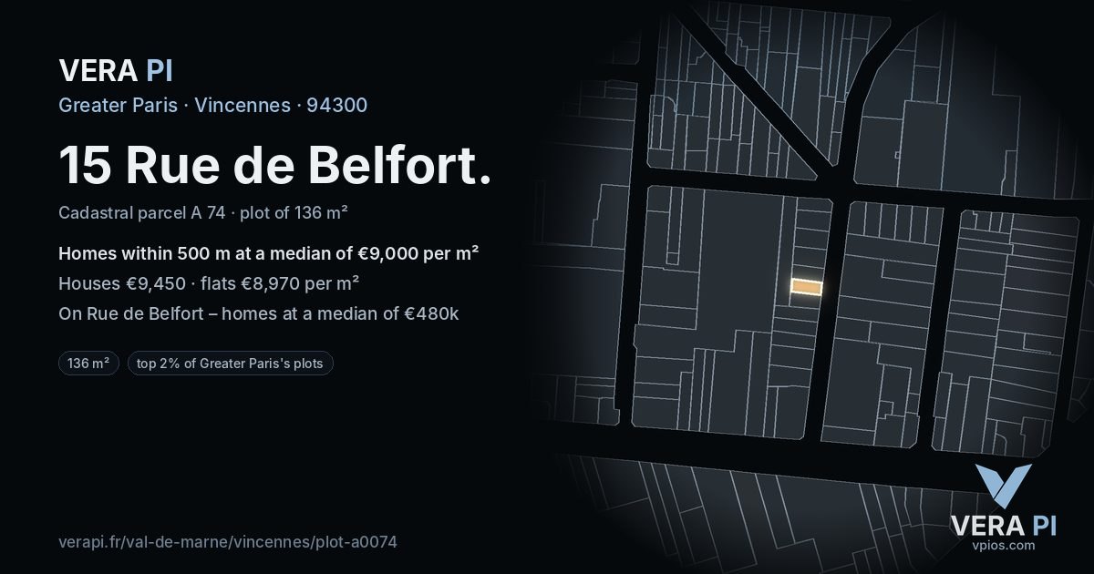 15 Rue de Belfort, Vincennes at night – the plot lit, the parcels around coloured by the prices near them