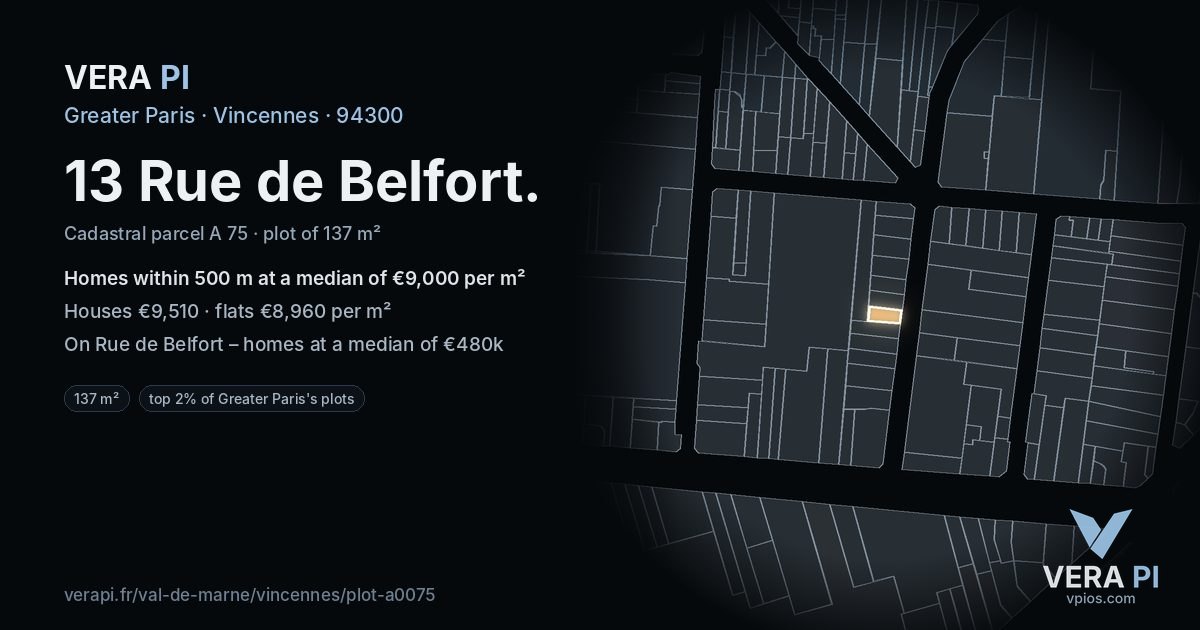 13 Rue de Belfort, Vincennes at night – the plot lit, the parcels around coloured by the prices near them