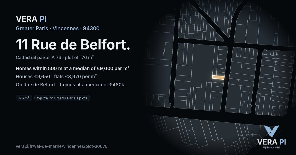 11 Rue de Belfort, Vincennes at night – the plot lit, the parcels around coloured by the prices near them