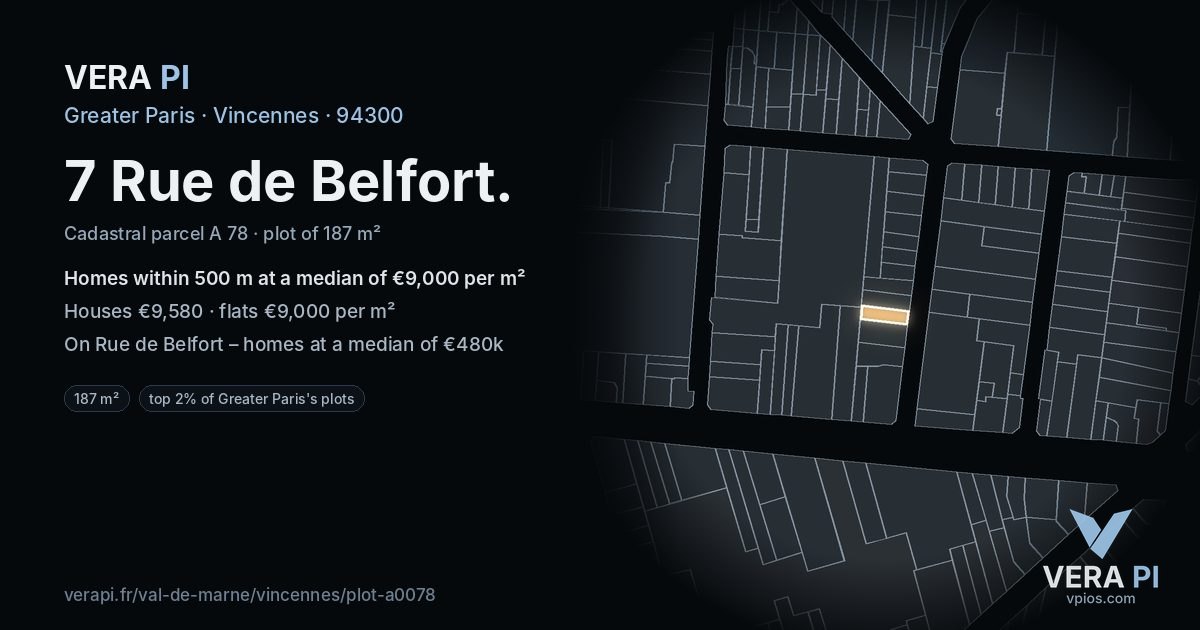 7 Rue de Belfort, Vincennes at night – the plot lit, the parcels around coloured by the prices near them