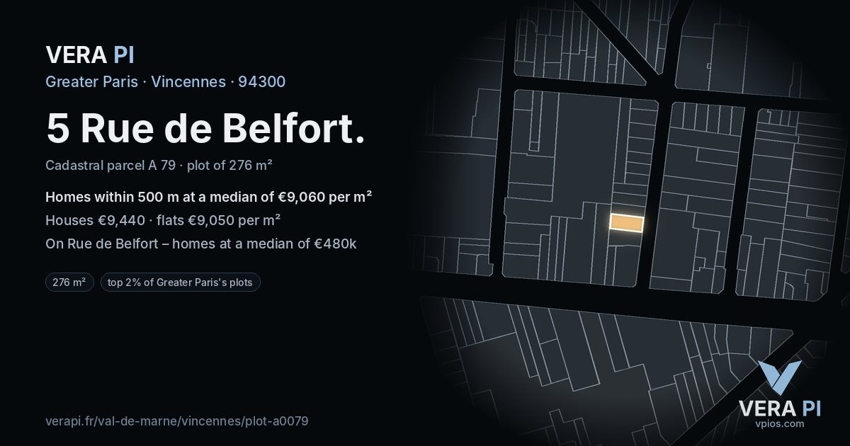 5 Rue de Belfort, Vincennes at night – the plot lit, the parcels around coloured by the prices near them
