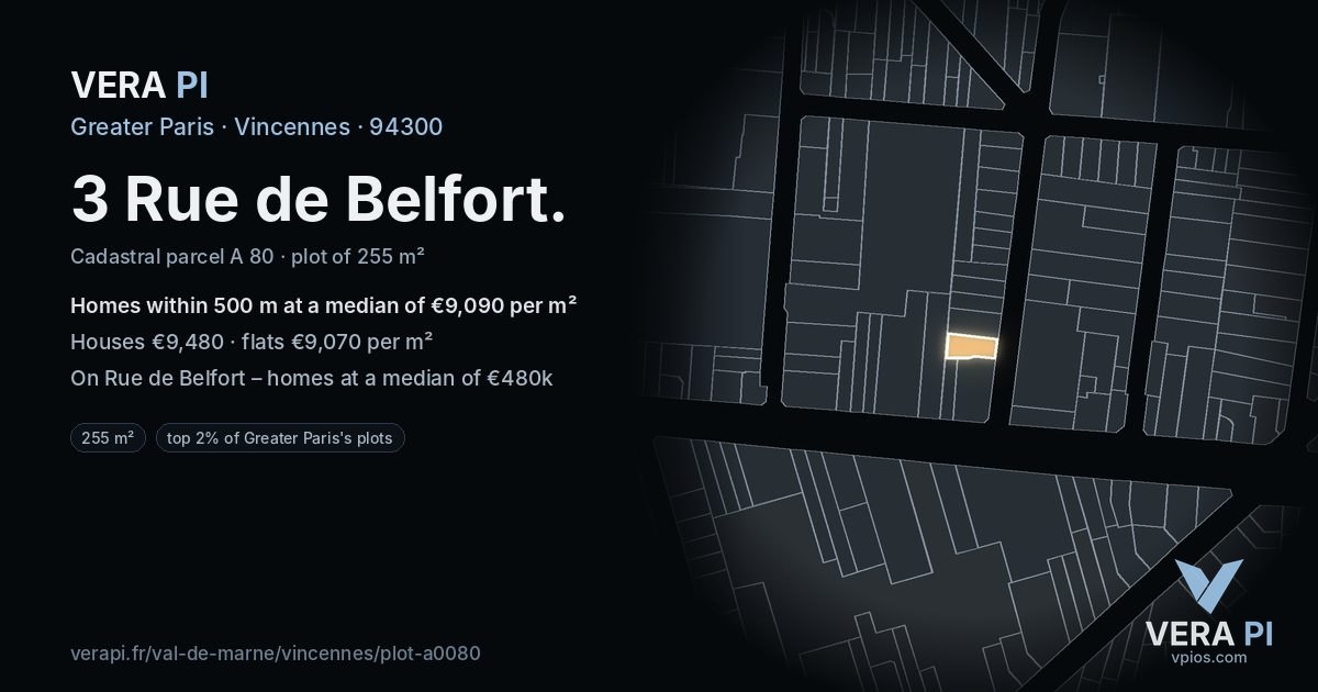 3 Rue de Belfort, Vincennes at night – the plot lit, the parcels around coloured by the prices near them