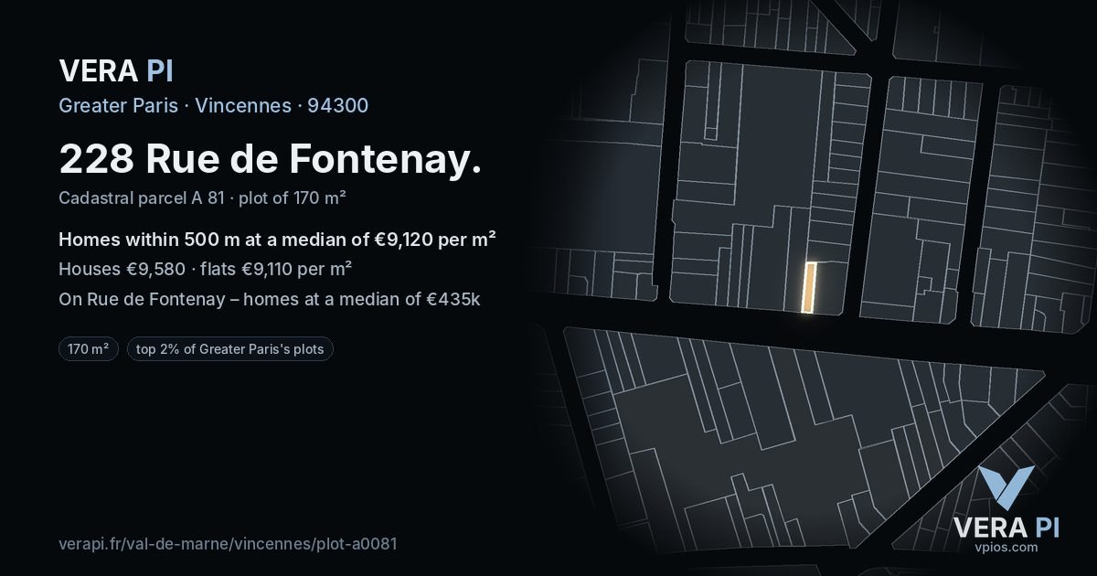 228 Rue de Fontenay, Vincennes at night – the plot lit, the parcels around coloured by the prices near them