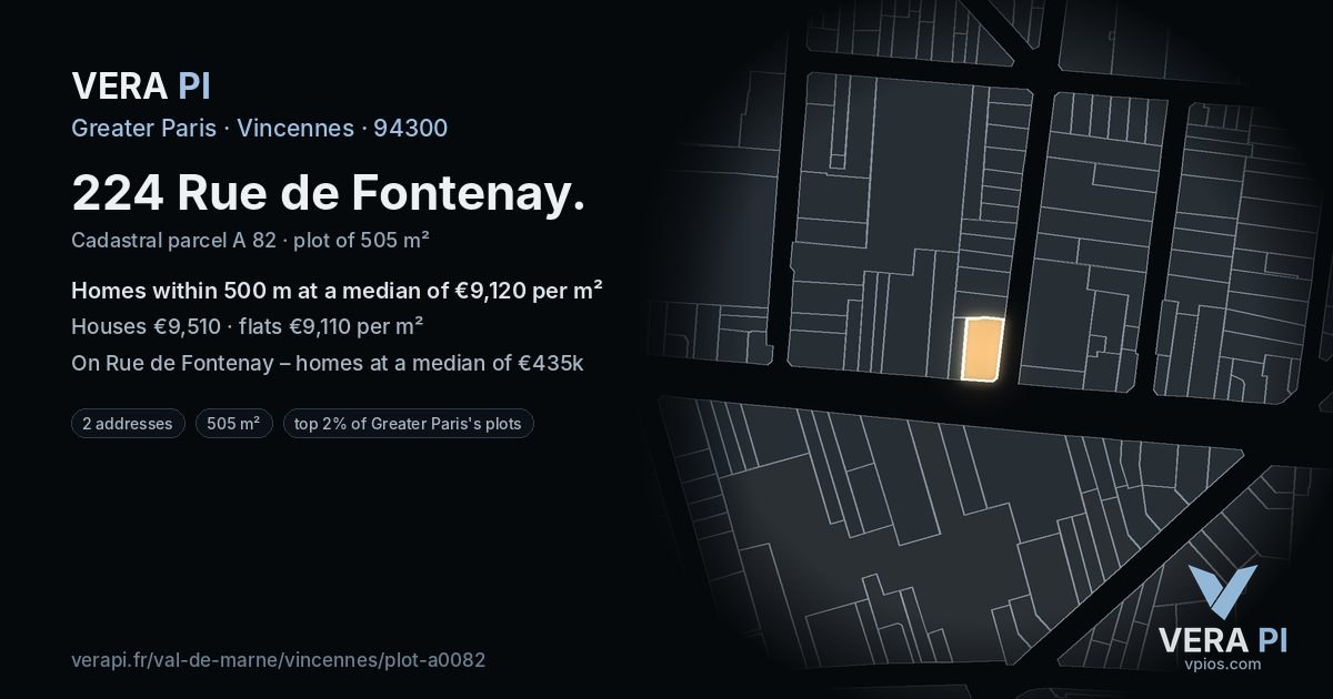 224 Rue de Fontenay, Vincennes at night – the plot lit, the parcels around coloured by the prices near them
