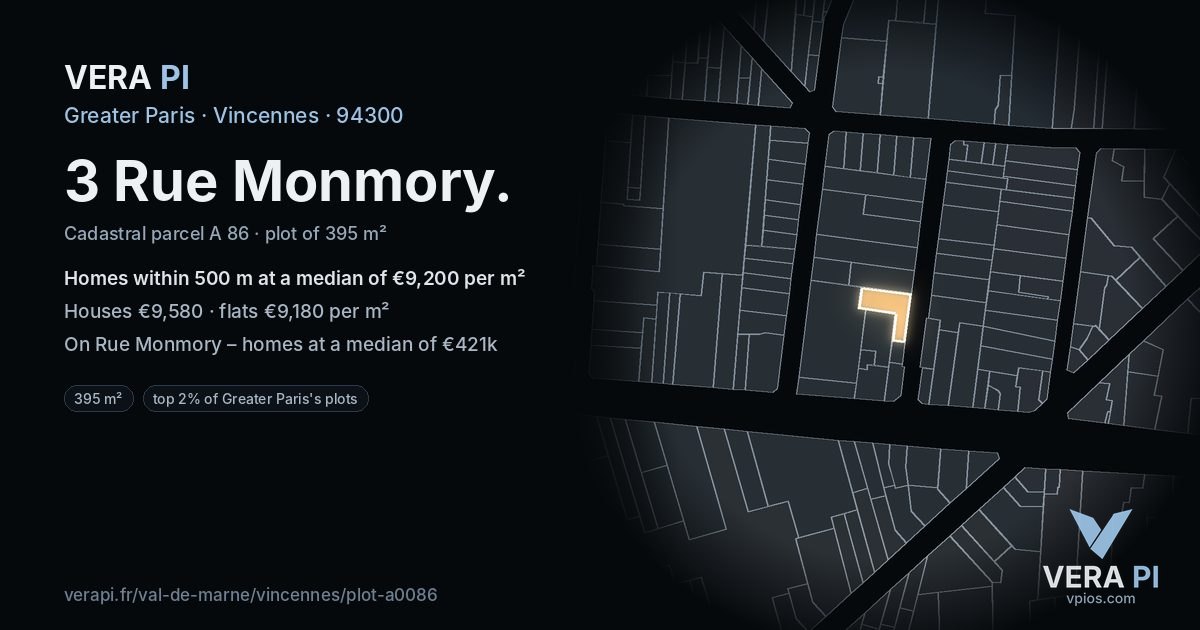 3 Rue Monmory, Vincennes at night – the plot lit, the parcels around coloured by the prices near them