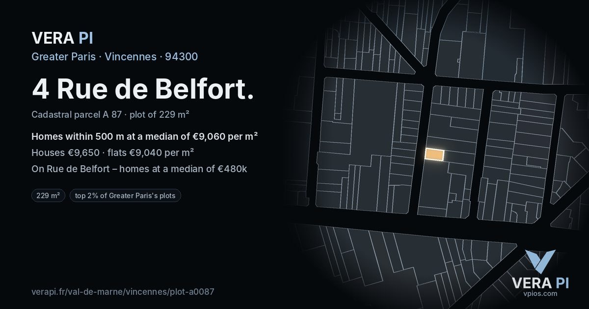 4 Rue de Belfort, Vincennes at night – the plot lit, the parcels around coloured by the prices near them