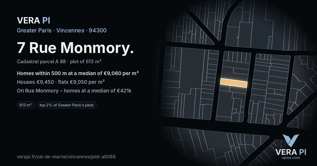 7 Rue Monmory, Vincennes at night – the plot lit, the parcels around coloured by the prices near them