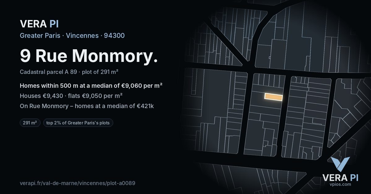 9 Rue Monmory, Vincennes at night – the plot lit, the parcels around coloured by the prices near them