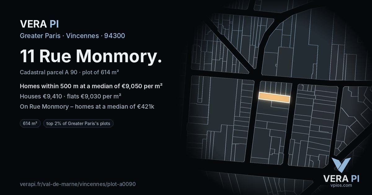 11 Rue Monmory, Vincennes at night – the plot lit, the parcels around coloured by the prices near them