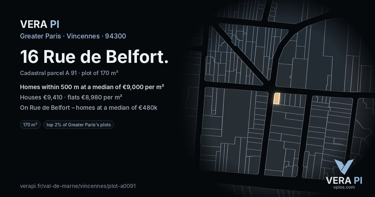 16 Rue de Belfort, Vincennes at night – the plot lit, the parcels around coloured by the prices near them